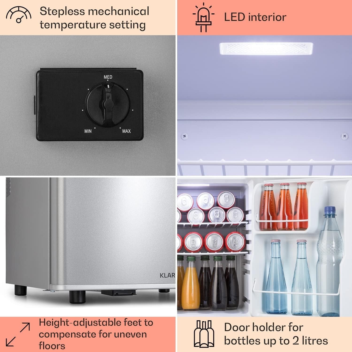 45L Mini Fridge Silver Portable Cooler and Drinks Fridge Adjustable Shelves