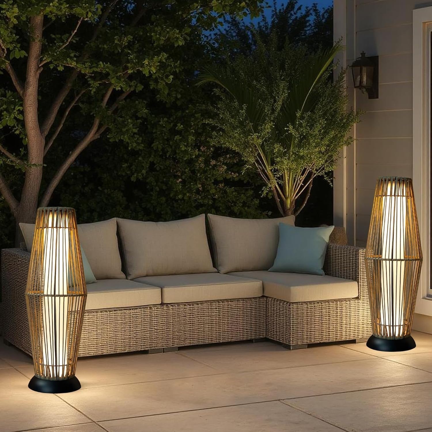 2 Pack Solar Wicker Floor Lamps Outdoor Grey Rattan Lanterns 73 cm