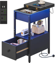 Slim Black Smart Bedside Table with LED Light, USB Charging & Drawer
