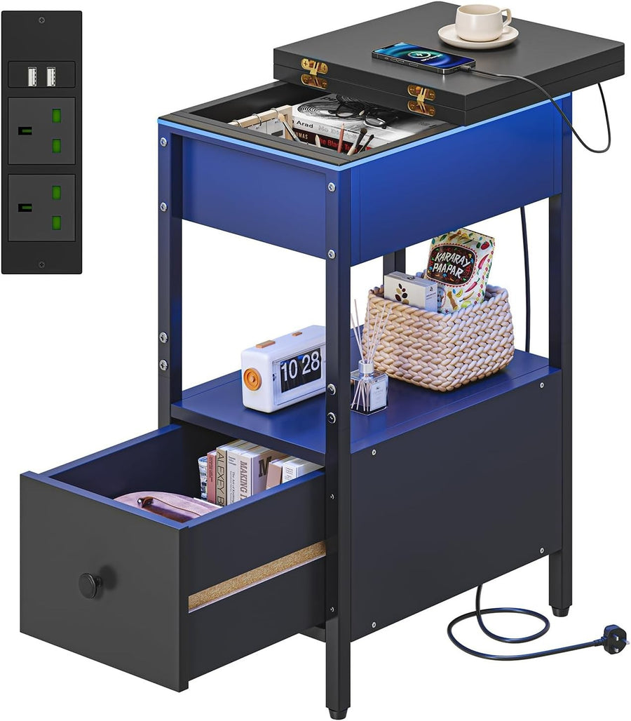 Slim Black Smart Bedside Table with LED Light, USB Charging & Drawer