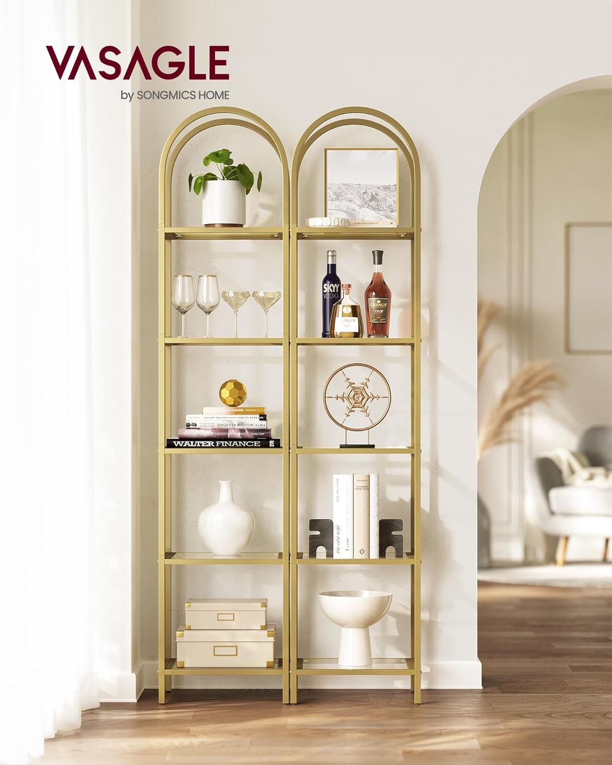 5-Tier Gold & Glass Shelving Unit Tall Arched Display Rack for Modern Homes