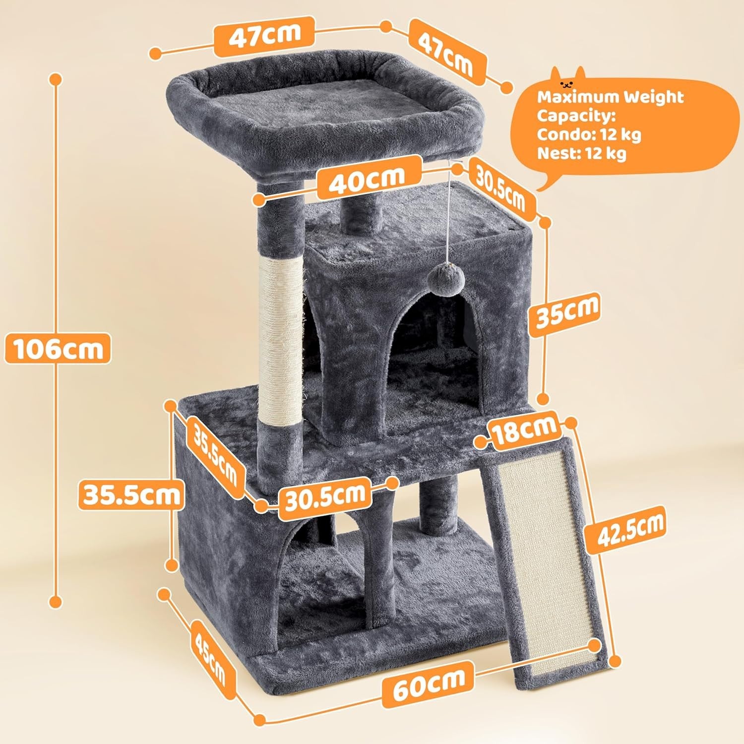 106cm Cat Tree Tower Multi Level Double Condo Scratching Post Dark Grey