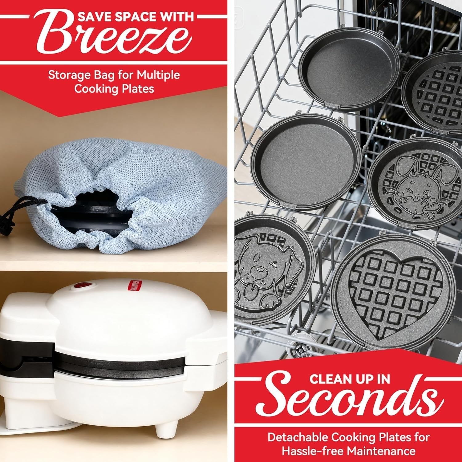 6-in-1 Mini Waffle Maker 4.5'' Removable Plates Ceramic Coating White