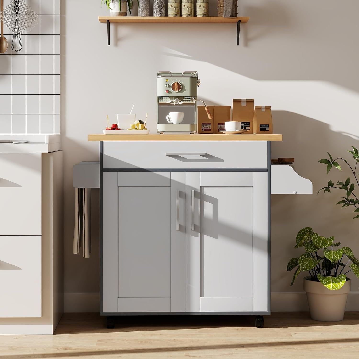 Kitchen Island Cart Rolling Storage Trolley Drawer Adjustable Shelf Grey