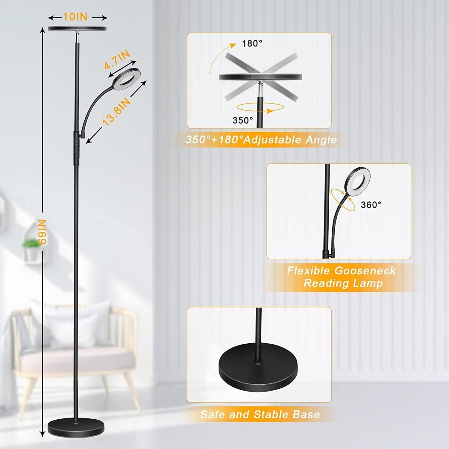 LED Uplighter Floor Lamp 42W Dimmable Remote Touch Reading Light Modern