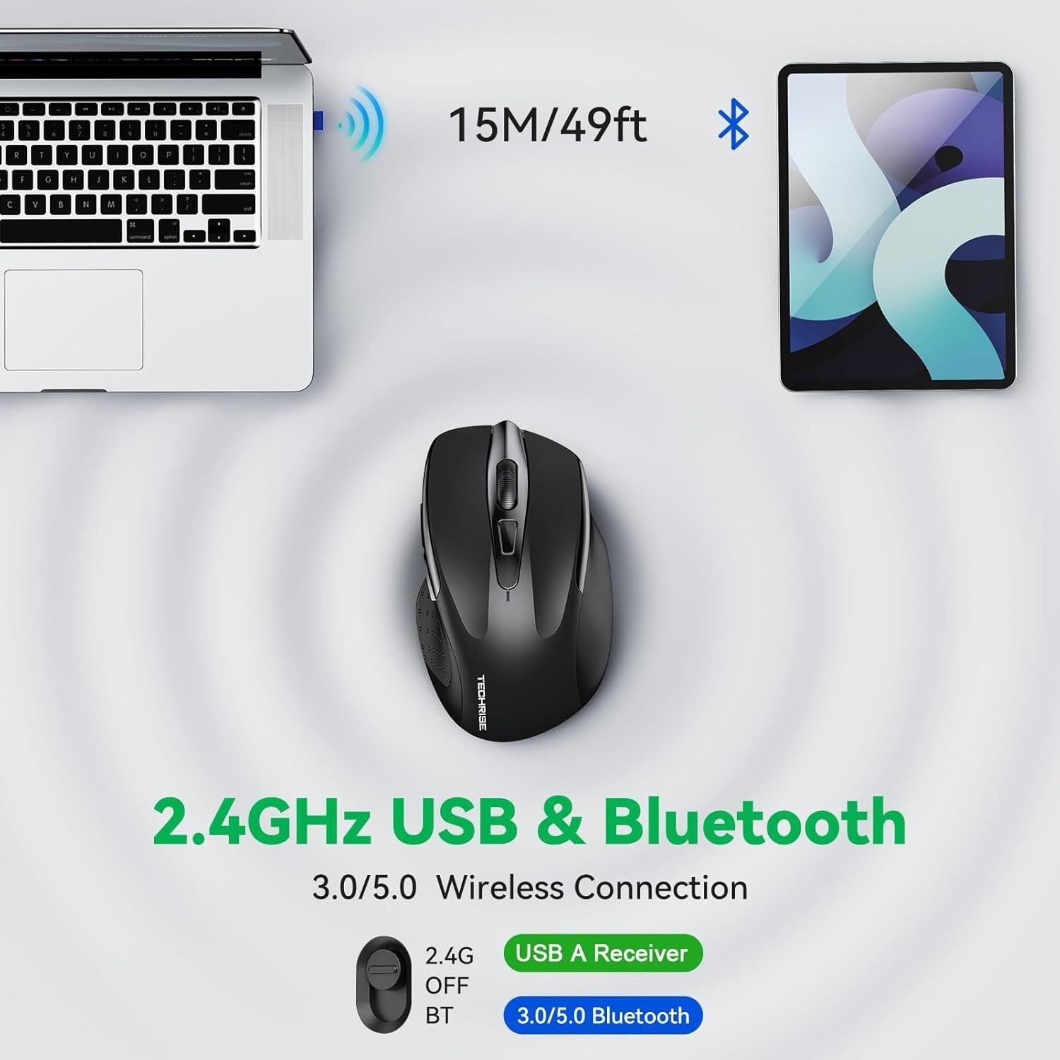 Silent Rechargeable Bluetooth Mouse 4800 DPI Ergonomic Black Wireless Laptop PC