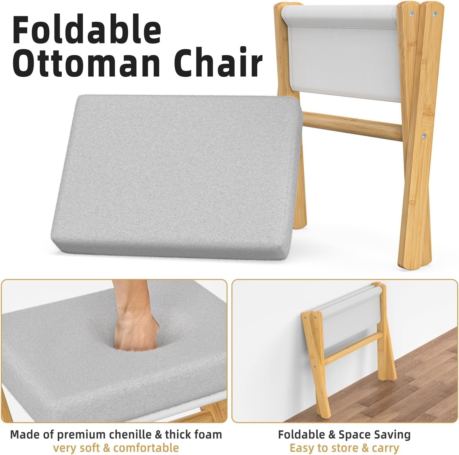 Natural Bamboo Foldable Footstool with Grey Cushion & X-Leg Footrest Design