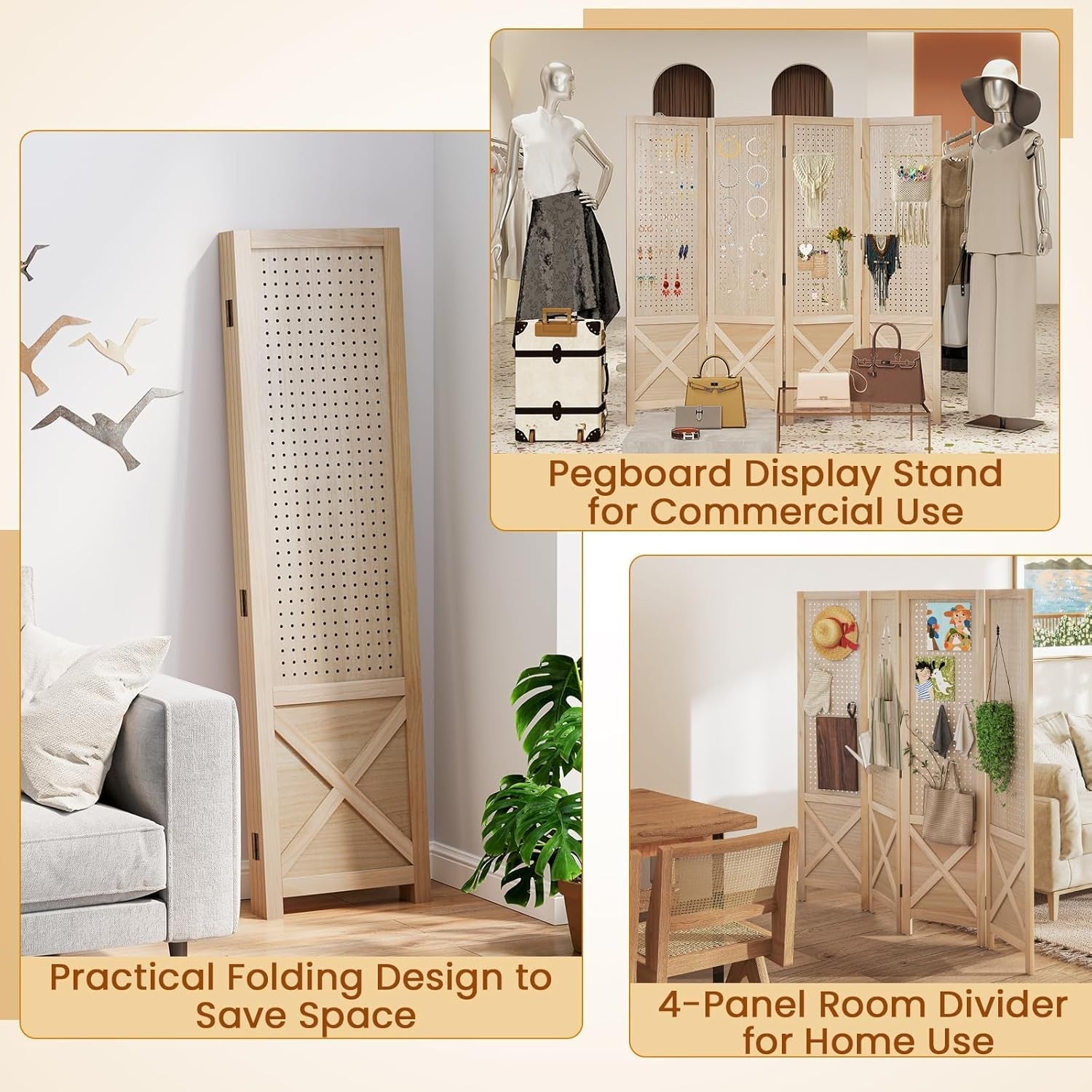 4 Panel Natural Wood Folding Room Divider with Pegboard Display for Home Office