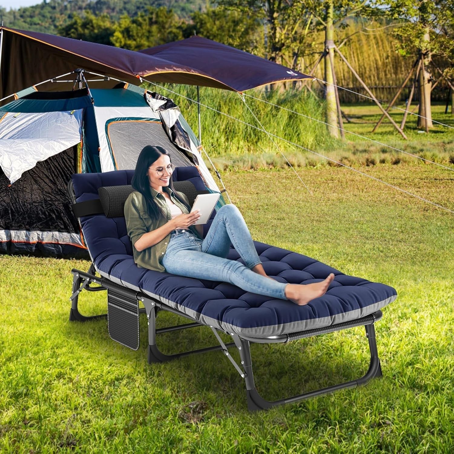 Adjustable Folding Sun Lounger with Cushion & Headrest, Portable Camping Bed