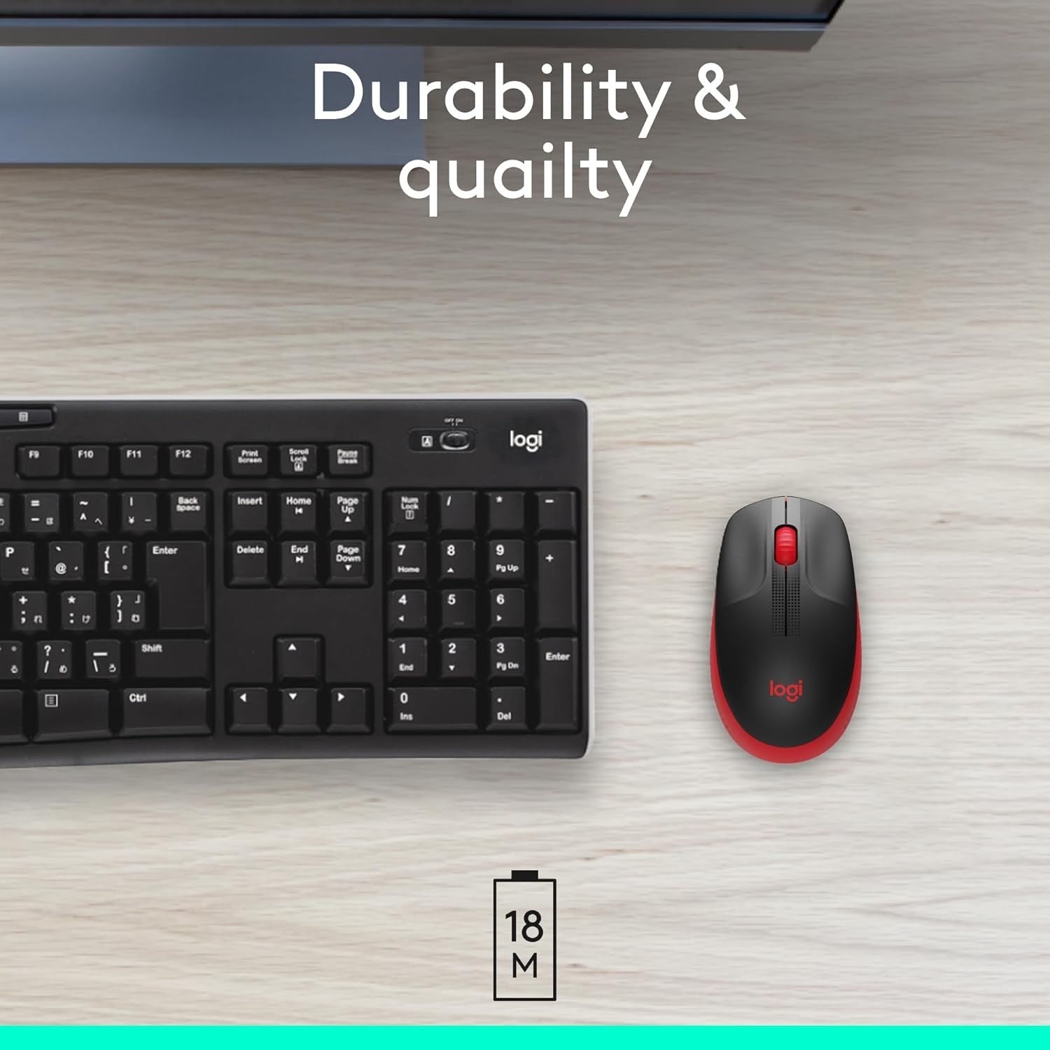 Full Size Wireless Mouse Red USB 18 Month Battery Ergonomic
