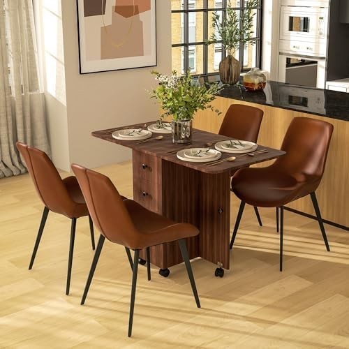 Folding Drop Leaf Dining Table on Wheels with Storage Drawers Cabinet Distressed