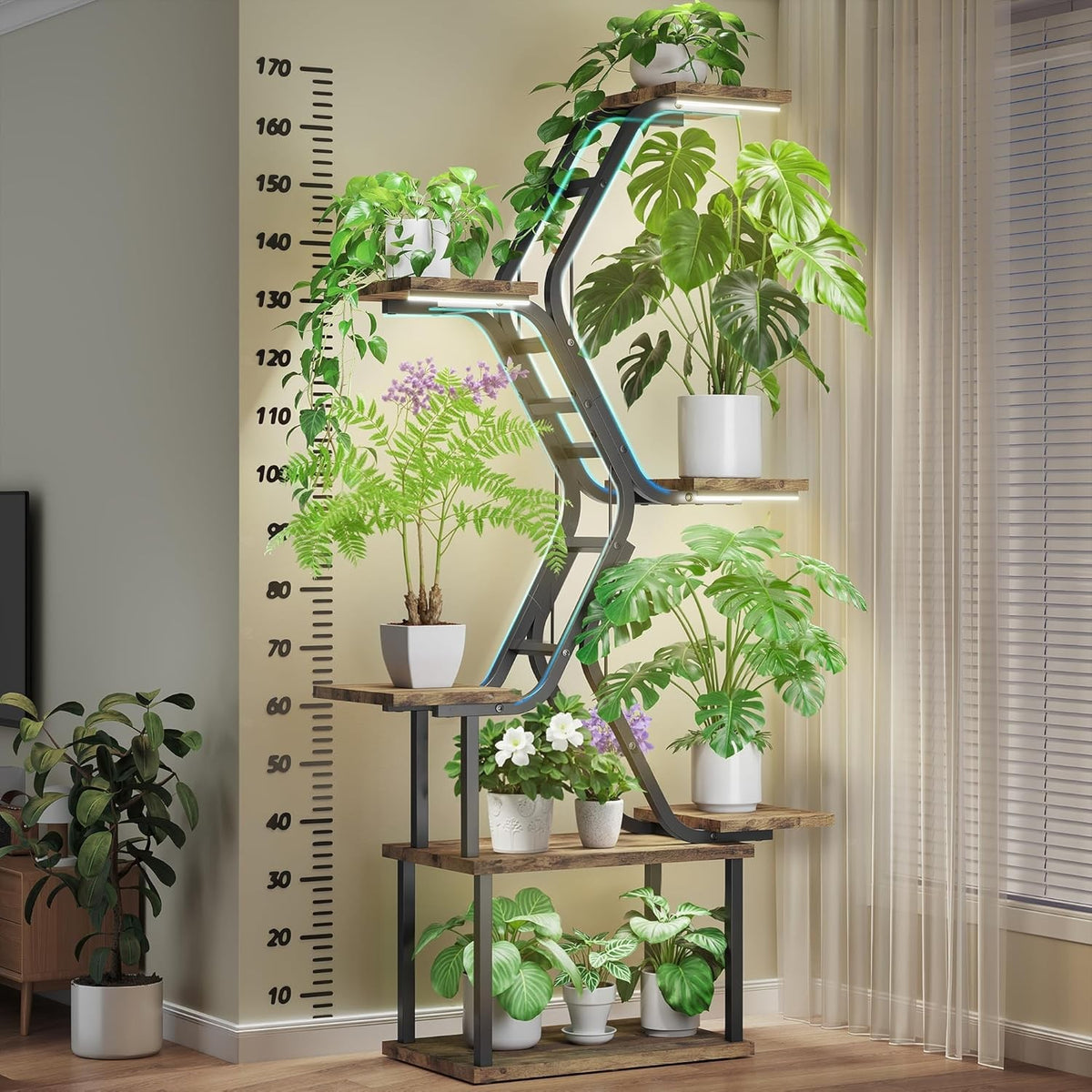 7 Tier Tall Metal Plant Stand with Grow Lights Indoor Outdoor Flower Shelf Rack