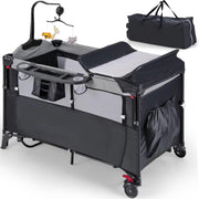 5in1 Baby Travel Cot Foldable Crib with Mattress Basket Changer & Storage Black
