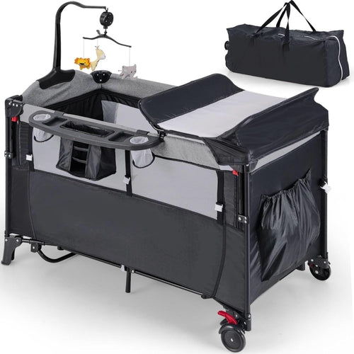 5in1 Baby Travel Cot Foldable Crib with Mattress Basket Changer & Storage Black