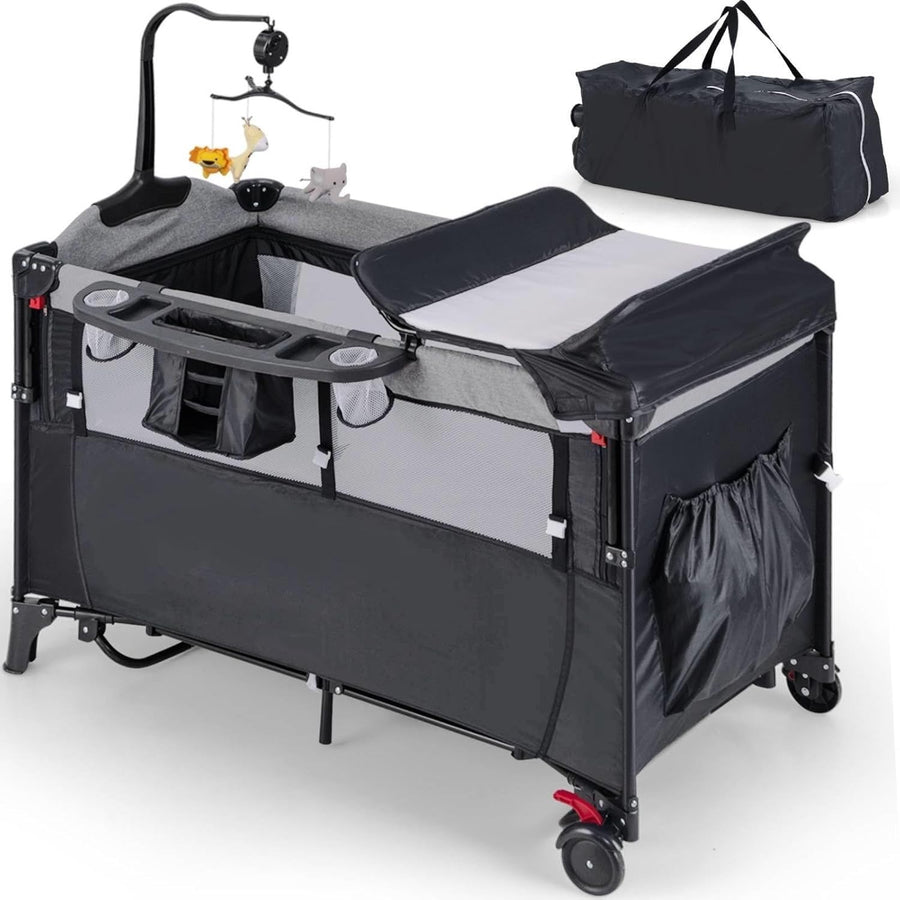 5in1 Baby Travel Cot Foldable Crib with Mattress Basket Changer & Storage Black