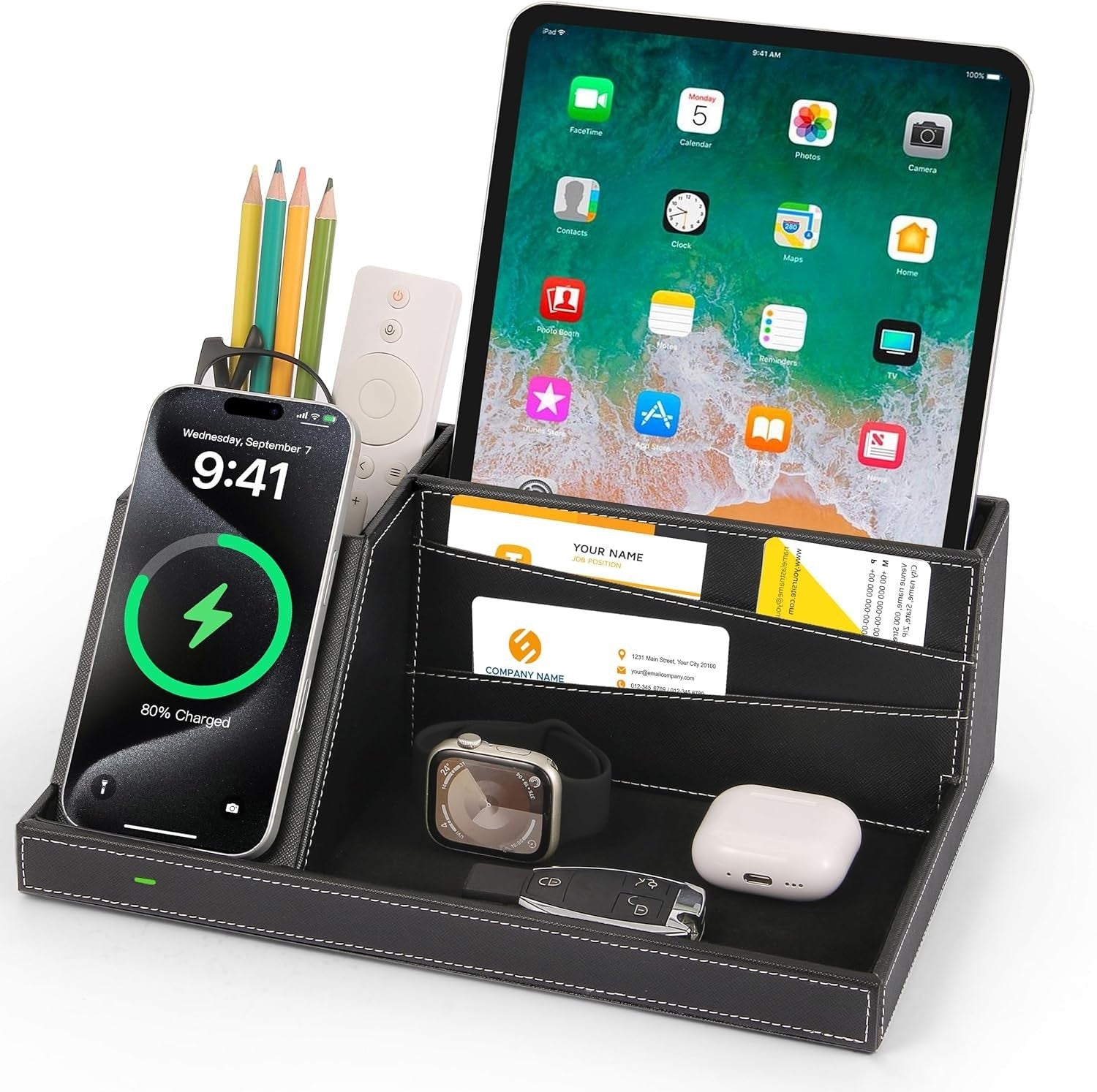 Wireless Charger Desk Organiser Leather Phone Charging Station Valet Tray