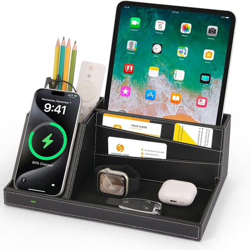 Wireless Charger Desk Organiser Leather Phone Charging Station Valet Tray