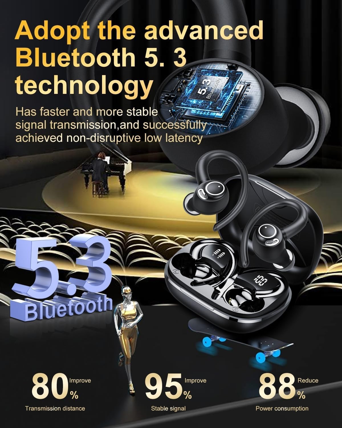 Black Bluetooth 5.3 Earbuds 40H Playtime ENC Mic Sport Waterproof