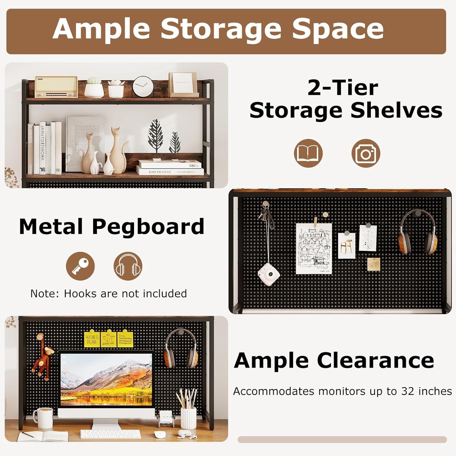 94cm Industrial Desk Hutch – 2-Tier Desktop Bookshelf w/ Pegboard & Metal Frame