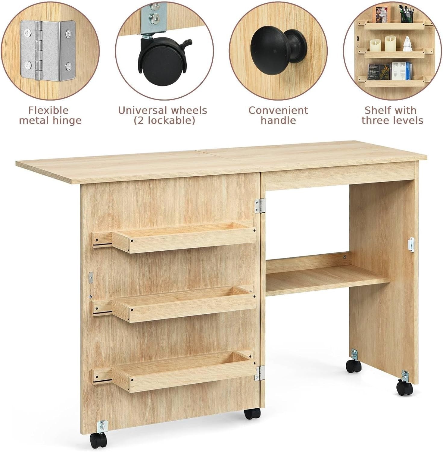 Folding Sewing Table 117cm Mobile Craft Desk with Shelves & Wheels Beige