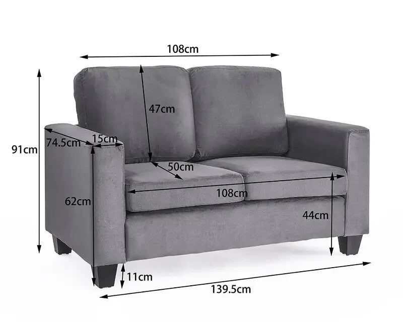 2 Seater Grey Velvet Sofa | Compact Couch in a Box w/ Foam Seat & Wood Legs