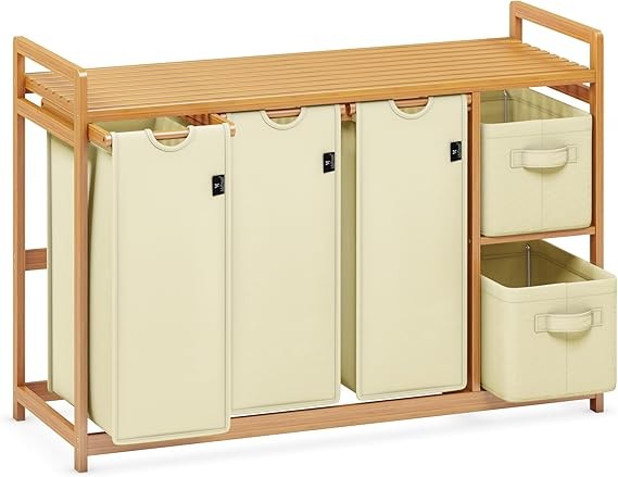 190L Bamboo Laundry Sorter with 3 Hampers & 2 Drawers | Beige 5-Compartment Unit