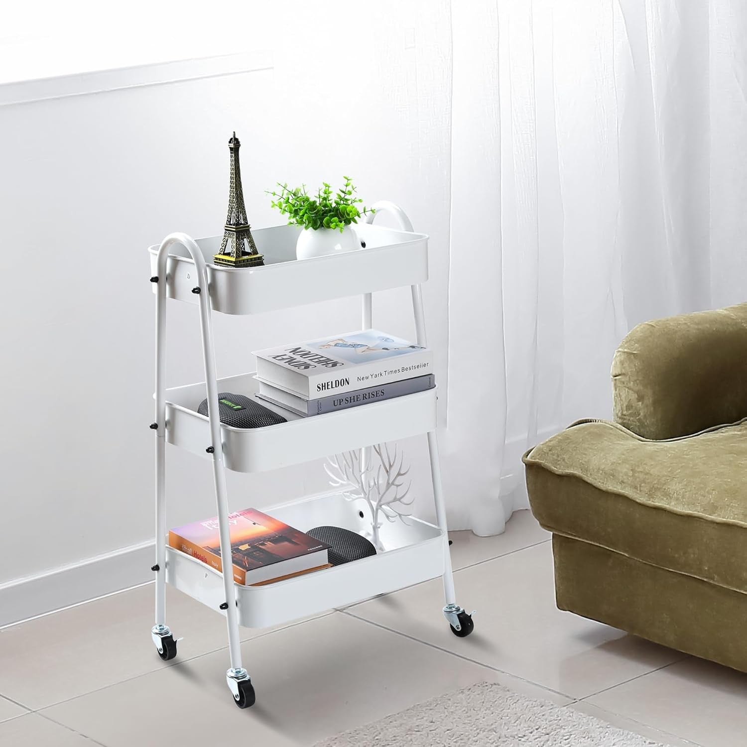 3 Tier Storage Trolley on Wheels Slim Rolling Metal Cart Lockable Castors