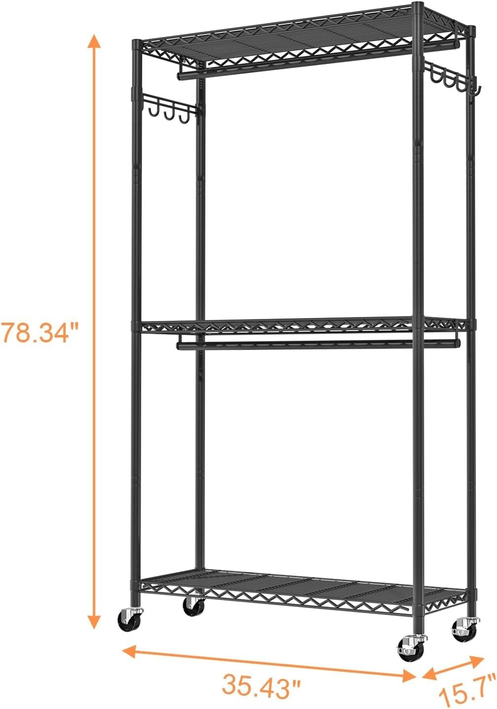 Heavy Duty 3-Tier Clothes Rail with Wheels & Double Rods – Black 90×40×200cm
