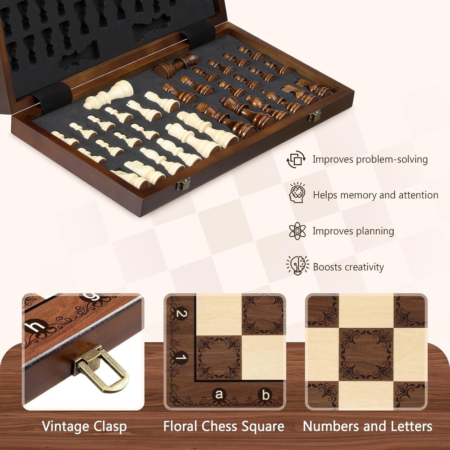38cm Wooden Magnetic Folding Chess Set with Extra Queens & Storage Case