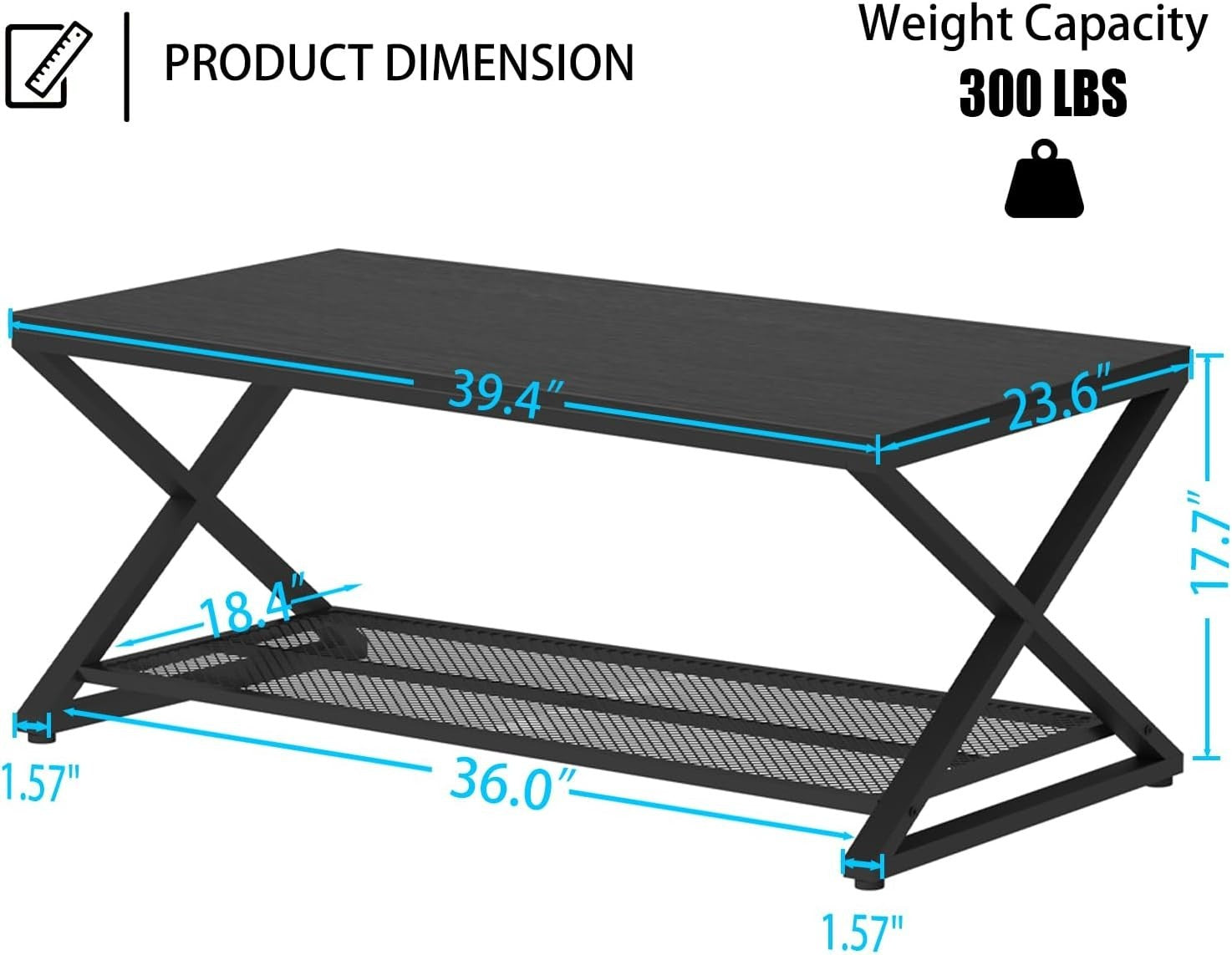 Modern Black Coffee Table with Shelf, 2-Tier Metal Frame, 100x60cm
