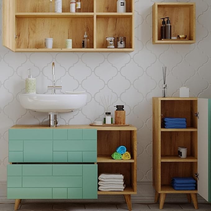 Mint Green Oak Sink Cabinet 90cm Vanity Unit with Drawers & Open Shelf Modern