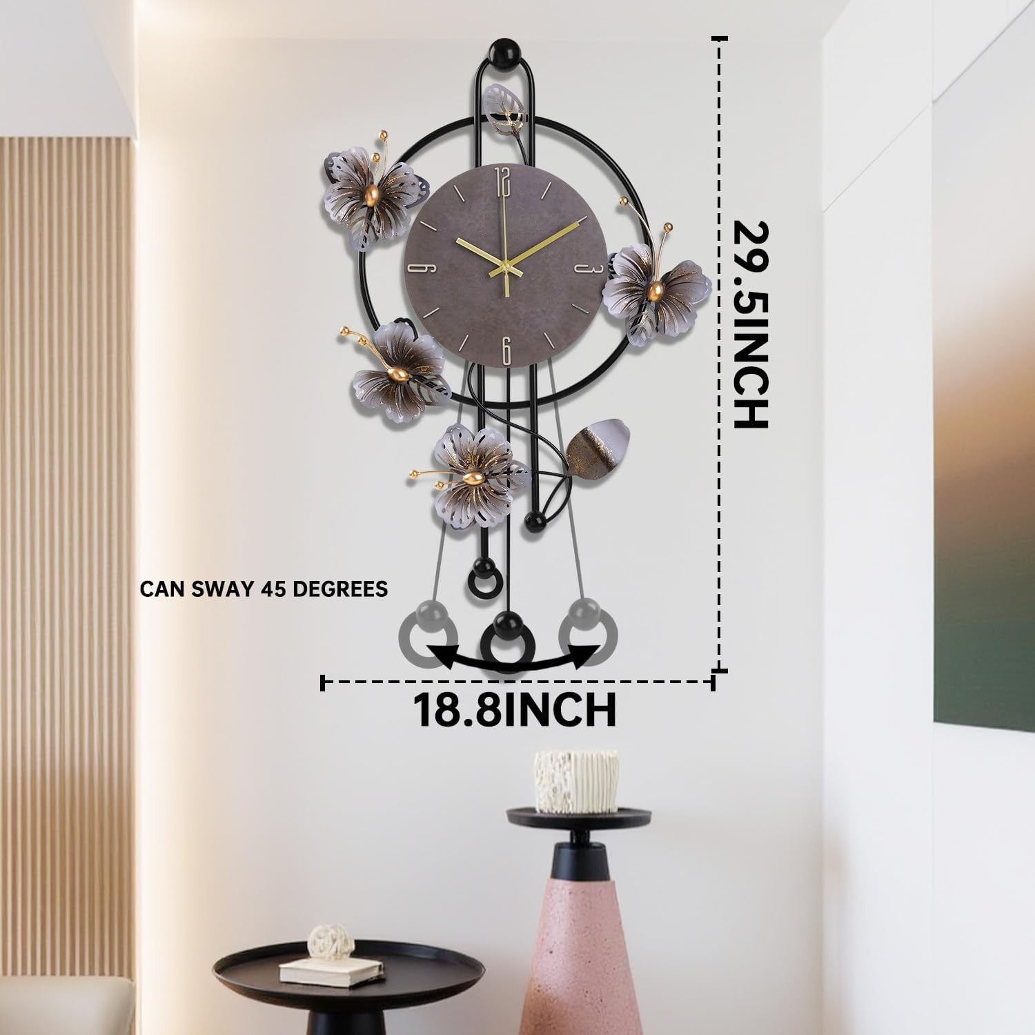 Large Wall Clock 75cm Modern Metal Floral Design Silent Quartz Pendulum Decor