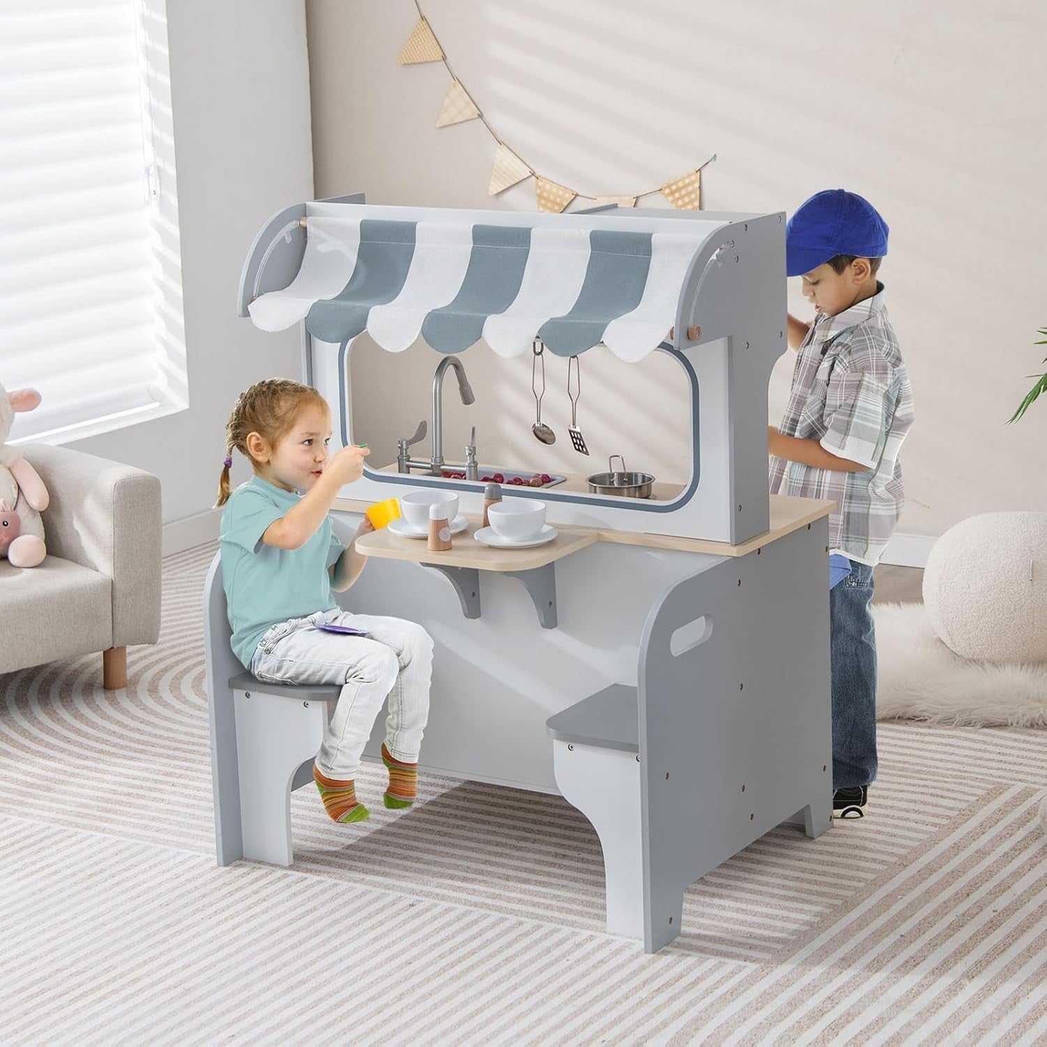 2 in 1 Kids Play Kitchen Diner Wooden Pretend Cooking Toy Grey White