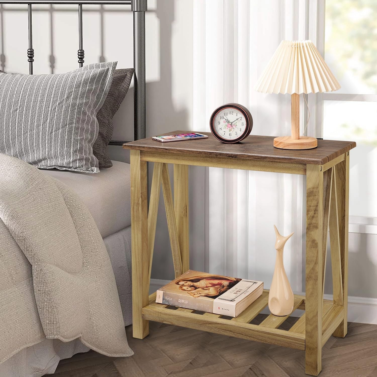 Narrow Wood Side Table with Storage Shelf, Durable Modern Nightstand