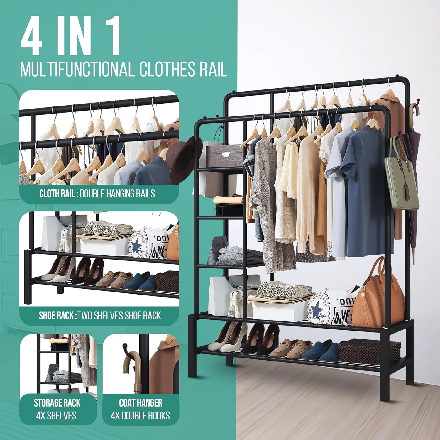 Heavy Duty Clothes Rail Black 120KG Double Hanging Rack With Shelves