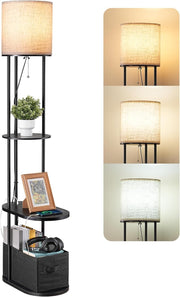 LED Floor Lamp with Storage Shelves, USB Charging, 3 Color Temps, 65” Tall