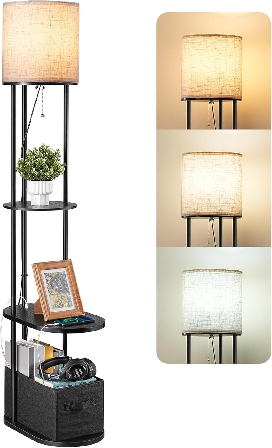 LED Floor Lamp with Storage Shelves, USB Charging, 3 Color Temps, 65” Tall
