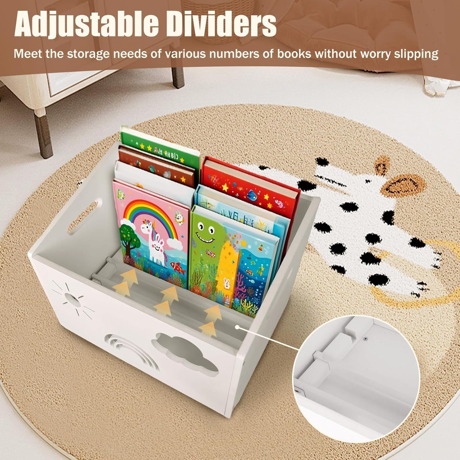 Wood Kids Bookshelf with Adjustable Dividers Montessori Toddler Book Rack
