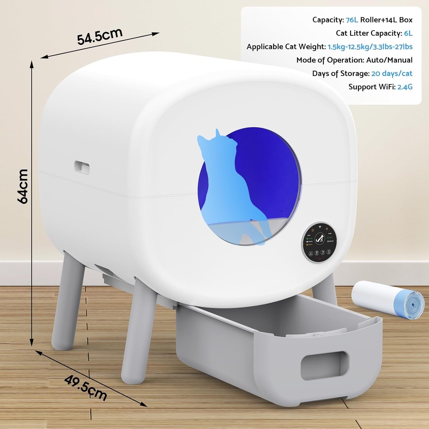 XL Self Cleaning Cat Litter Box APP Control 76L Multi Cat Odor Free