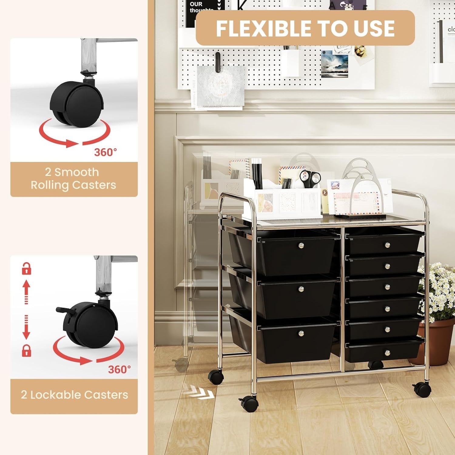 9 Drawer Rolling Storage Trolley Black Utility Cart Organizer Wheels