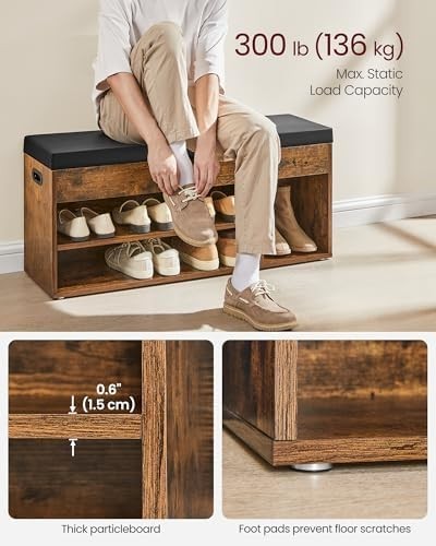 Rustic Brown Shoe Storage Bench, Cushion 3 Compartments Hidden Seat 100x30x44