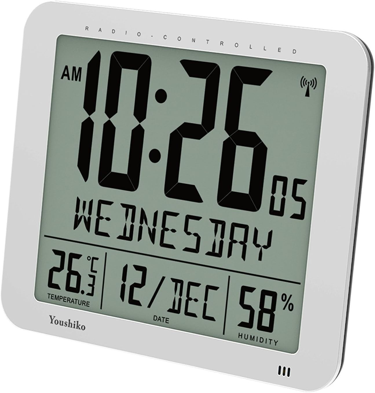 Jumbo Radio Controlled Wall Clock Large LCD Display Temp Humidity Silver