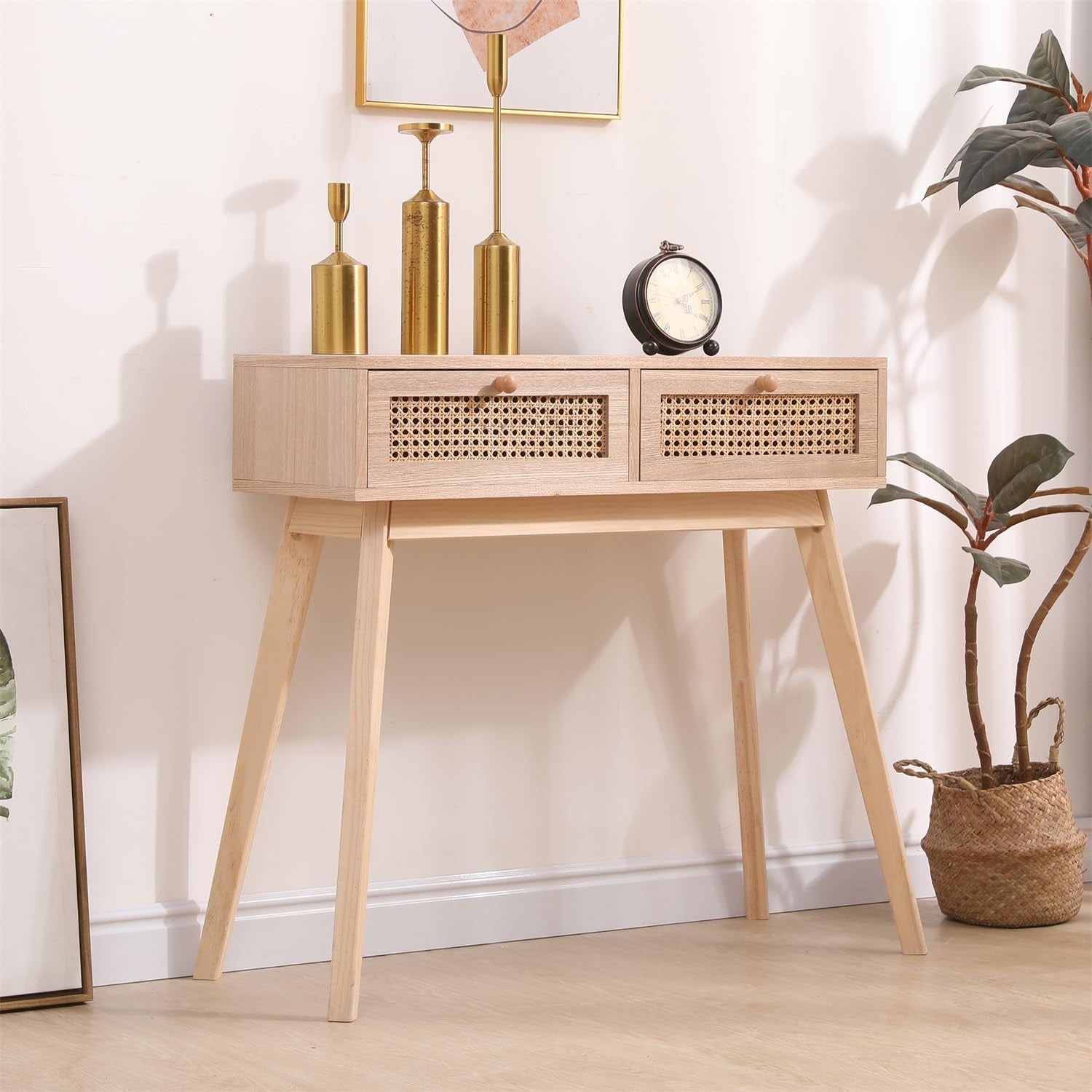 Stylish 2-Drawer Rattan Console Table 90cm Wide for Hallway & Bedroom