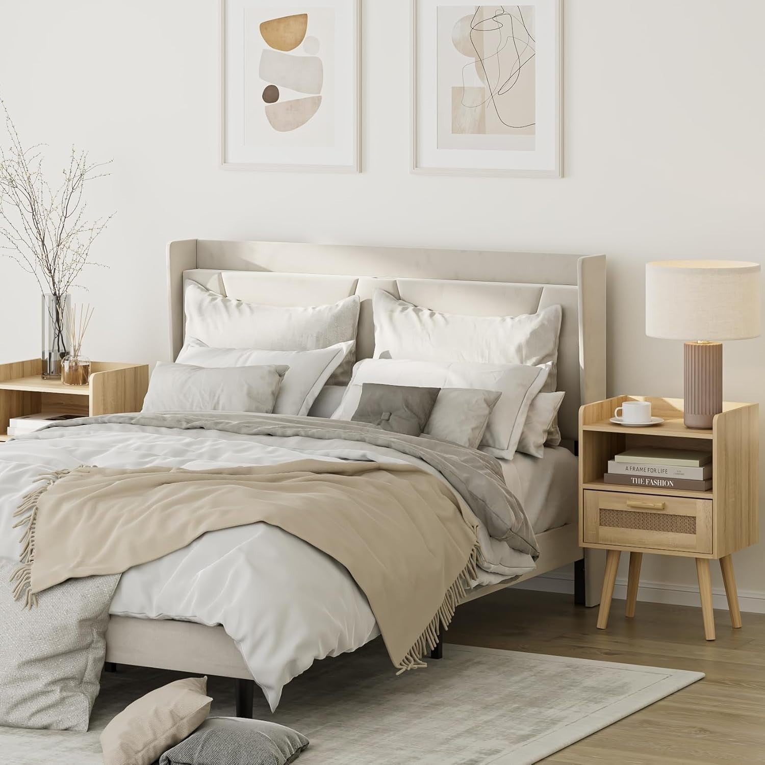Rattan Bedside Table with Drawer & Shelf – Natural Wood Accent Nightstand