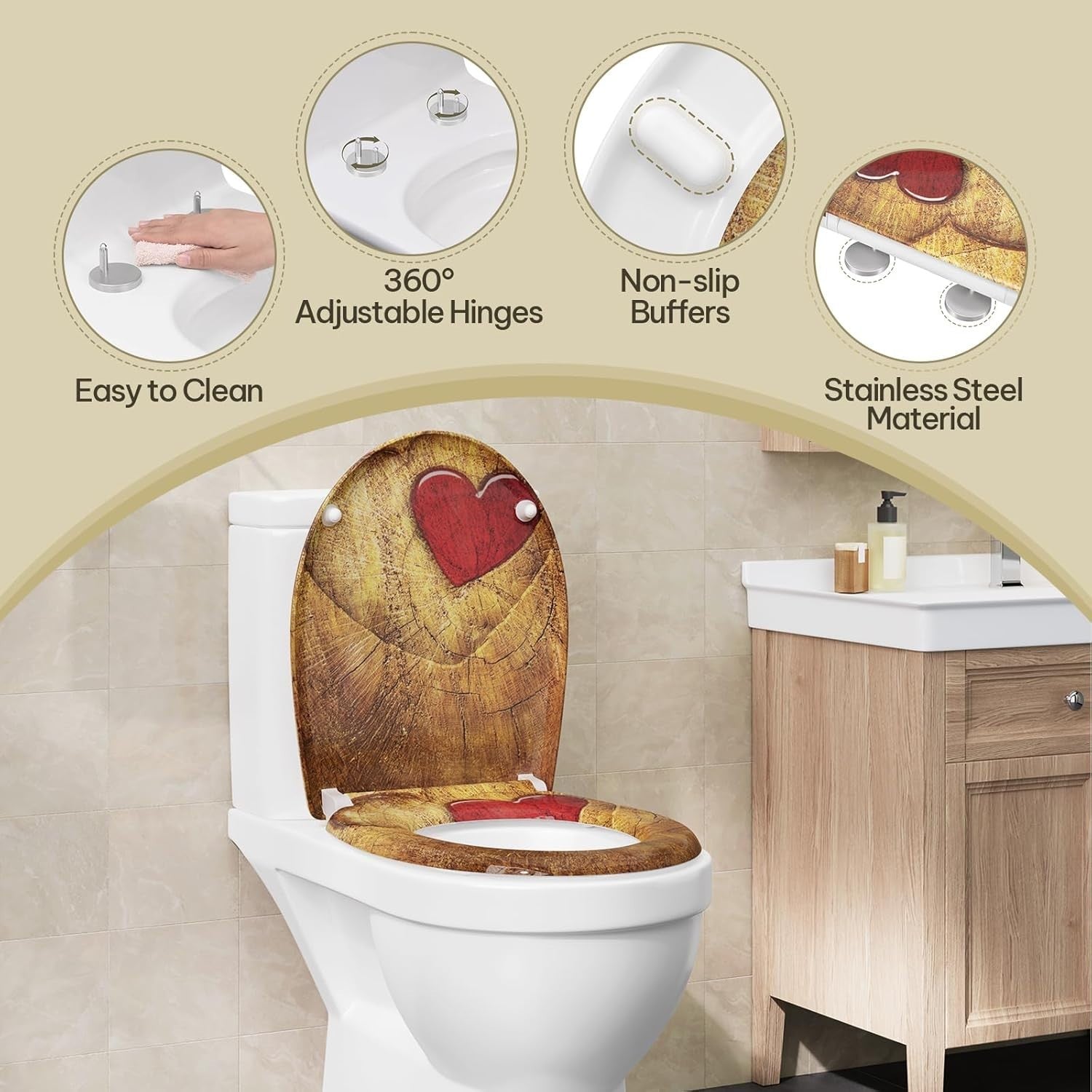 Soft Close O-Shaped Toilet Seat Quick Release Duroplast Rustic Wood Heart Print