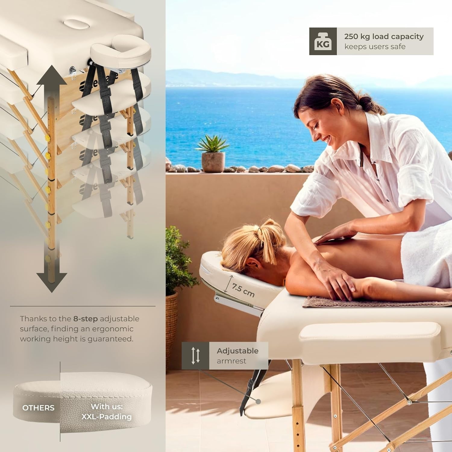 Portable Massage Beauty Bed Foldable Adjustable Spa Therapy Table 70cm Beige