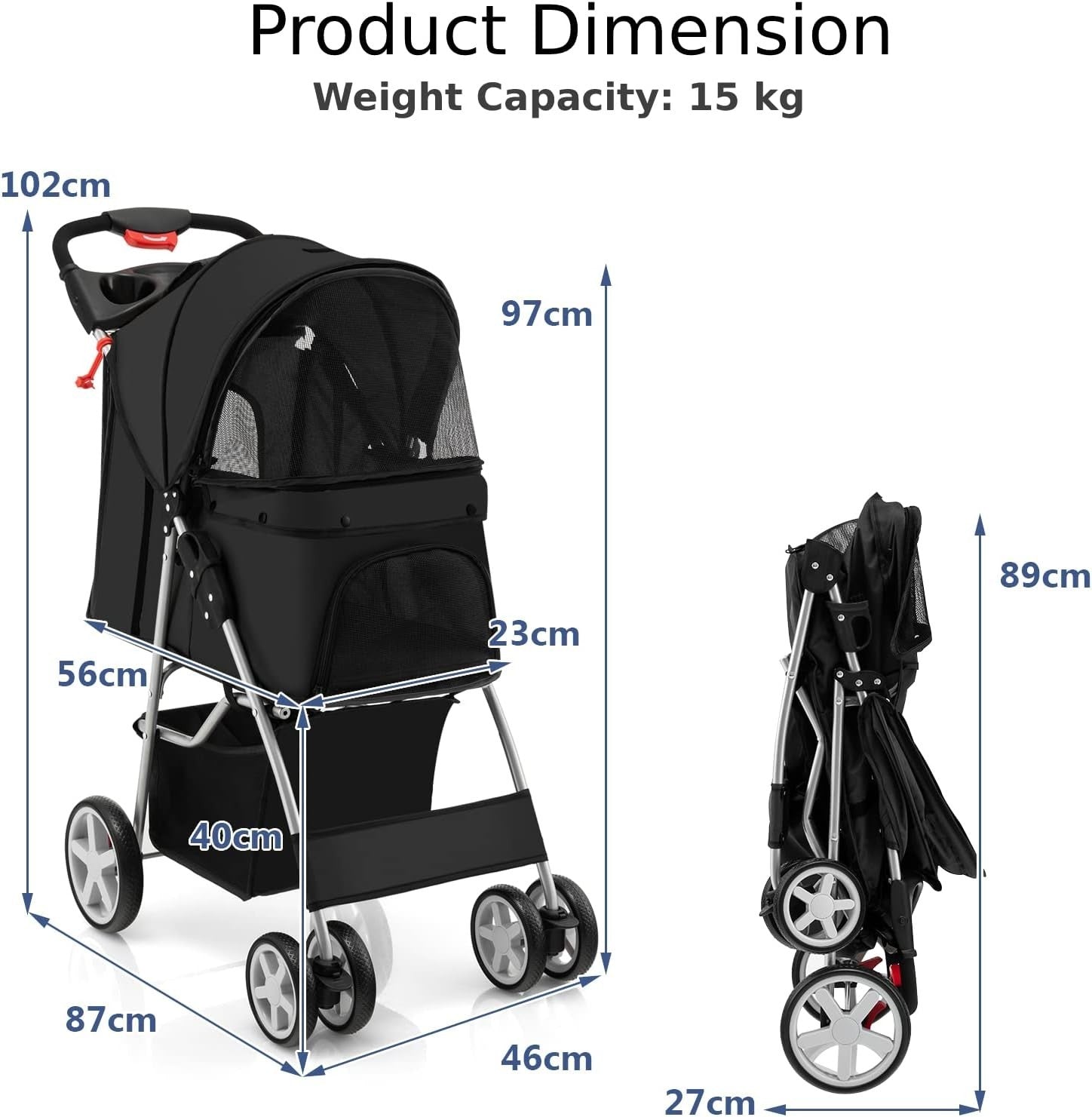 Black Pet Stroller Foldable Dog Cat Pushchair 15kg Storage Basket