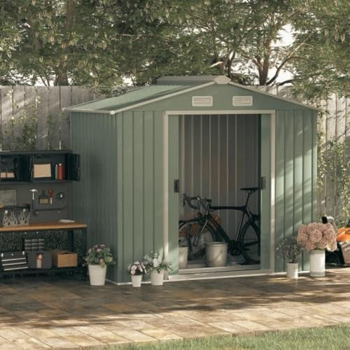6x8 FT Garden Shed Steel Storage Box with Apex Roof & Double Sliding Doors