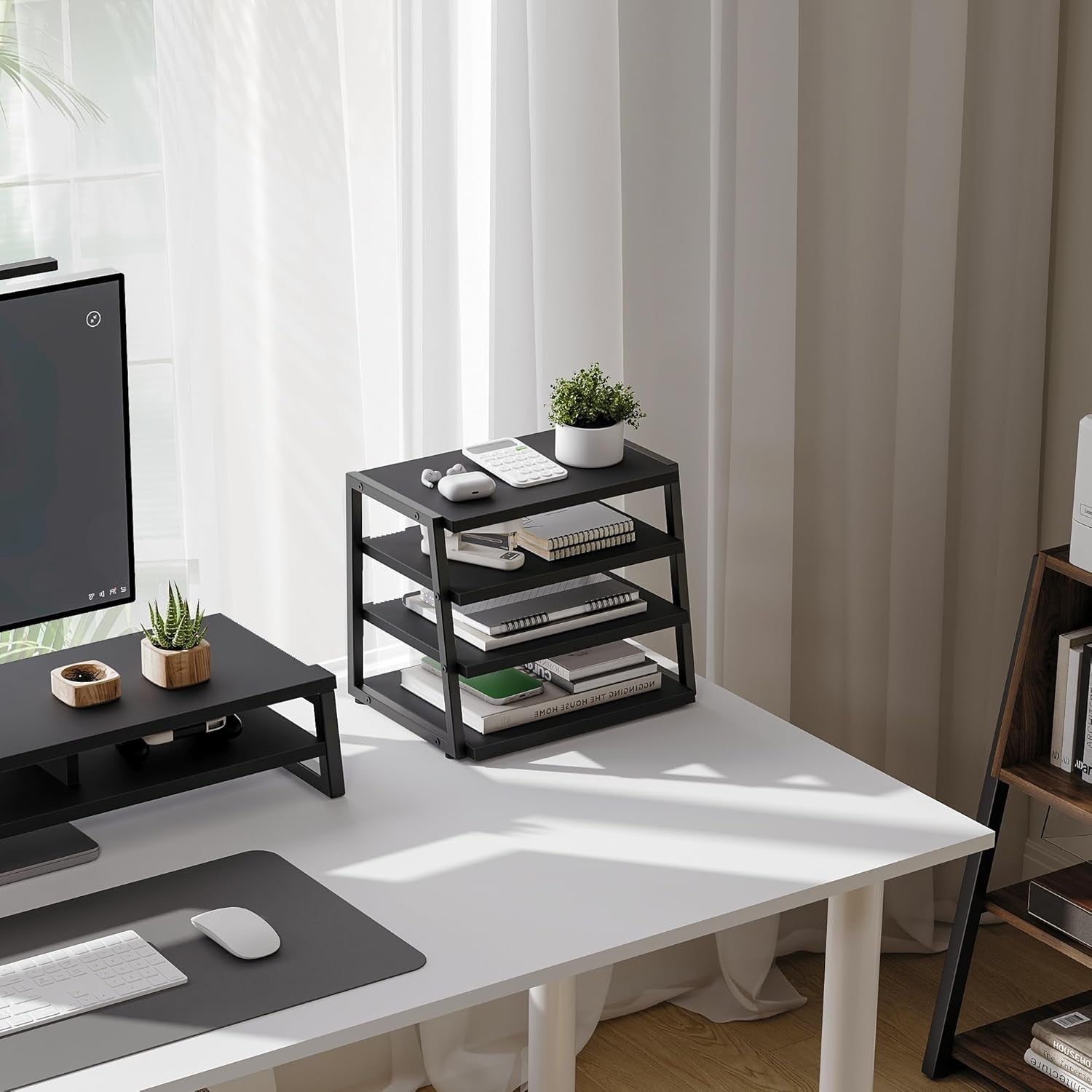 4 Tier Desk File Organizer A4 Paper Tray Wood Metal Office Shelf Black