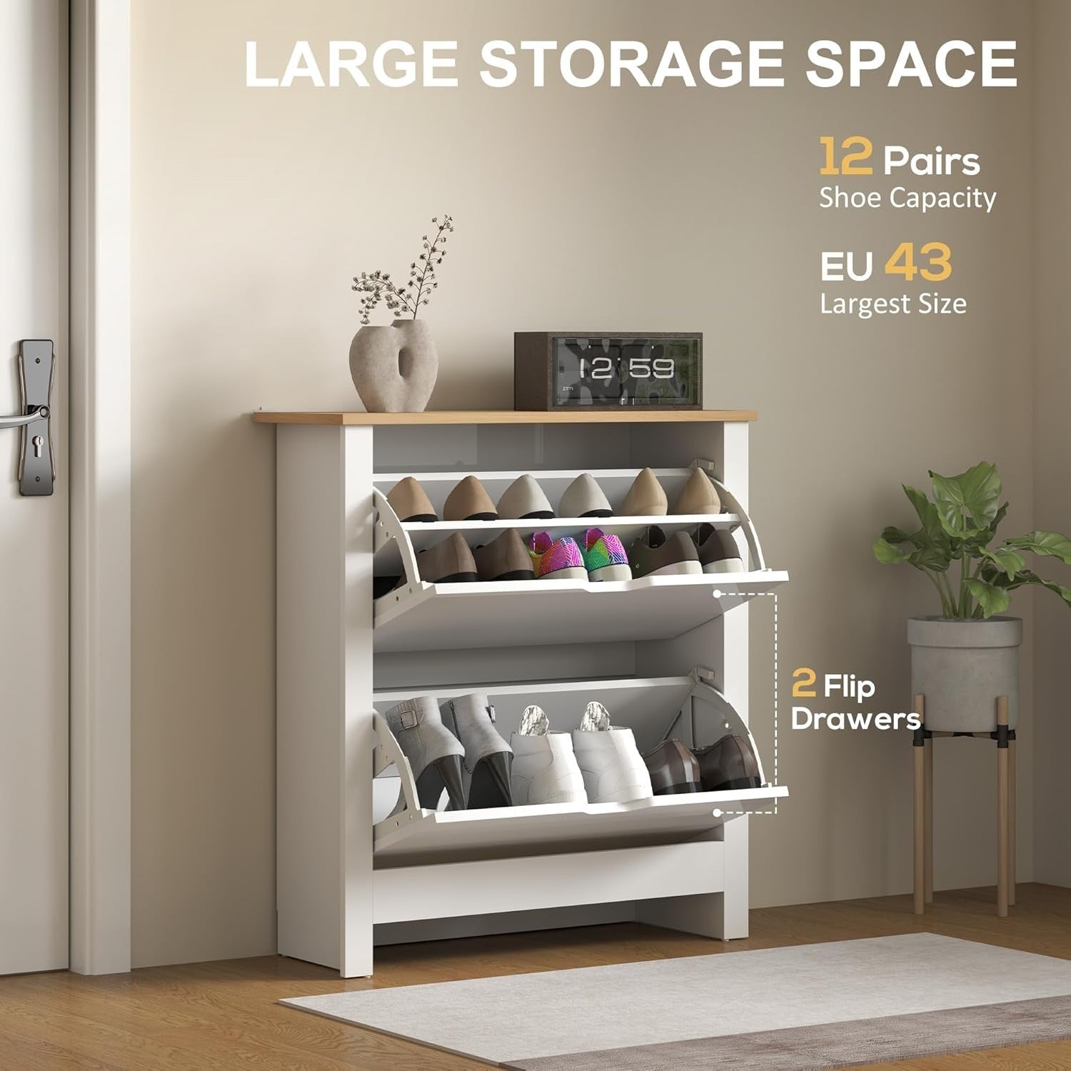 Slim White Shoe Cabinet 2 Flip Drawers Gloss Finish Narrow Storage Unit